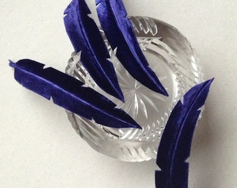 Millinery Supplies, Royal Blue Silk Velvet Feathers or Leaves, Four Handmade Embossed Feathers or Leaves