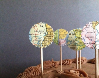 Map Cupcake Toppers / Vintage Map Scalloped Circle Food Picks / Vintage Map Circles / Baby Shower Decor / Bridal Shower