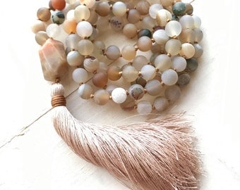 Moonstone Mala Beads, Druzy Agate Mala Necklace, Long Tassel Mala Beads, Earth Tone Mala, 108 Bead Mala, Japa Mala Beads, Yoga Jewelry