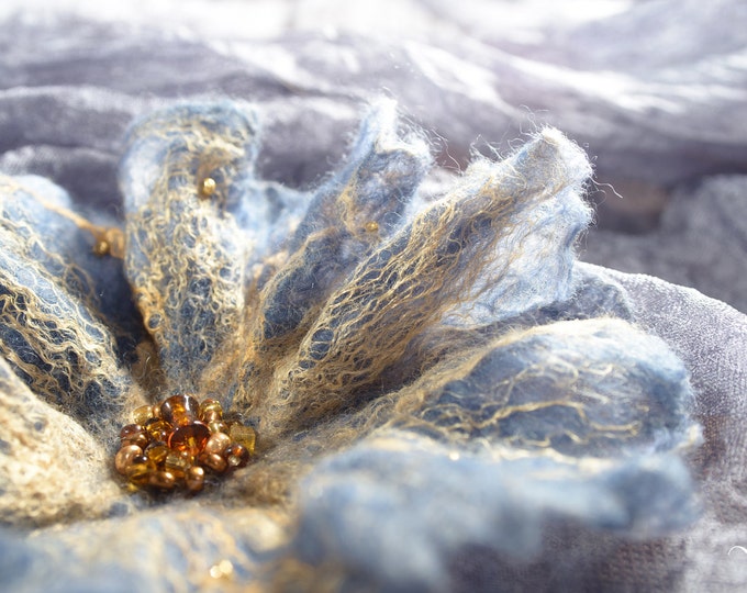 Merino Wool Silk Grey Bronze Felted Brooch Floral Accessories Prom Corsage Flower Lapel Exclusive Designer Nuno Felting Wedding Formal Wear