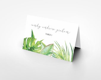 Place card printable tropicalgreen leaves watercolor, Printable Wedding place cards holder, Escort card, Wedding name, The Aura collection