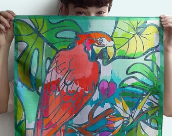 Tropical print scarf, small square scarf with bird pattern, parrot macaw jungle green silk neckerchief, summer scarves, trendy gift for her
