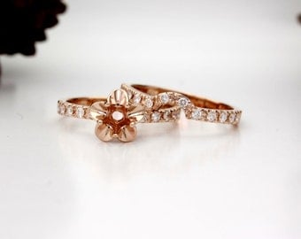 14K Rose Gold Tulip Engagement Ring, Bridal Set, Wedding Band Diamond Semi Mount! Set your Diamond, Gemstone, Moissanite. La Tulipe USA Made