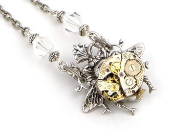Silver Bee Necklace, Steampunk Jewelry Necklace, Queen Bee Jewelry, Honey Bee Necklace, Bumble Bee Jewelry Necklace, Steampunk Jewelry Gift