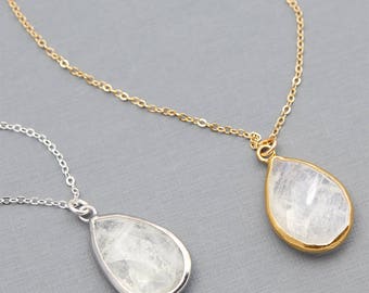 Delicate Moonstone Necklace, Natural Moonstone Pendant, Teardrop Pendant, Layered Gold Necklace, Bridesmaid Gift, Dainty Gemstone B37