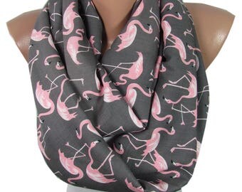 Pink Flamingo Scarf Infinity Scarf Exotic Bird Scarf Gray Scarf Gift For Her For Women Spring Summer Fall Accessories Birthday Gift For Mom