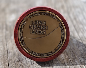 Corinthians 13 Love Never Ends bronze anniversary wedding coin with Redheart Wood wine bottle stopper Believes all Things