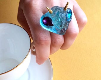modern ring "Insect head". Fantastic insect of color aquamarine. contemporary design. insect jewelry. contemporary bijoux.