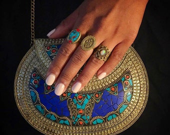 Mira - metal bag, ethnic bag, boho clutch, vintage bag, handmade clutch, tribal bag, indian bag, metal clutch, metal stone bag, ornate bag