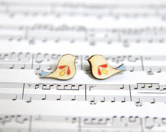 Painted Birds Studs Earrings / HANDMADE Birch Wooden Earrings / Jewellery / Mother's Day Gift for Mum / Birthday Gift for Friend