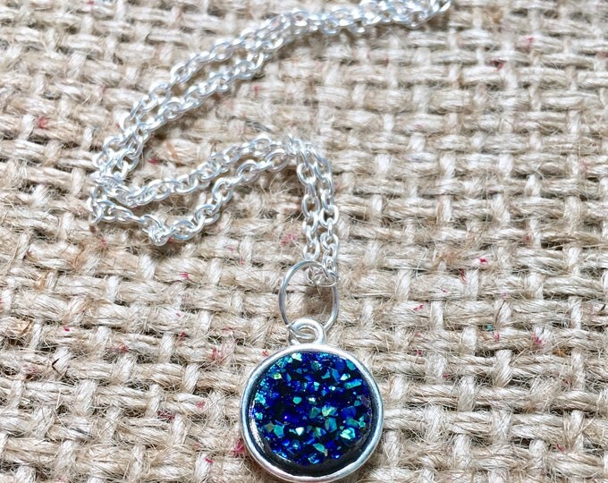 Blue Druzy Necklace, Faux Druzy Necklace, Druzy Charm Necklace, Round Druzy Necklace, Silver Druzy Pendant, Gemstone Necklace, 12 mm Druzy