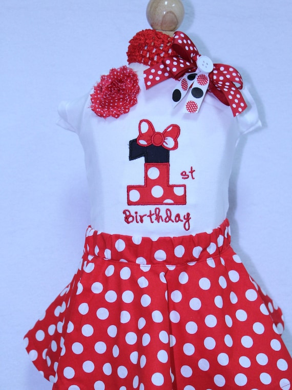 First Birthday Girl Minnie Mouse Inspired Birthday Outfitgirls 1st Birthdaydisney Birthdayred And White Polka Dot Twirl Skirtheadband