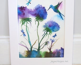 ORIGINAL PAINTING - Hummingbird, Dragonfly, Butterfly, Flower Wall Decor- Contempary Art - UK Artist - uk Seller - Modern