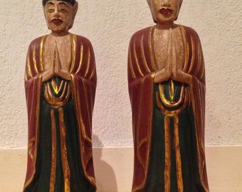 Deux statues de moines, en bois, indonésiennes, art ethnique