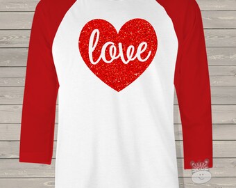 Valentine shirt love sparkly red heart ADULT raglan shirt - fun red glitter Valentine's Day shirt
