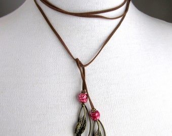 Leather Wrap Necklace - Leather Lariat Pendant - Long Beaded Necklace - Pink Leaf