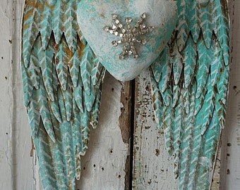 Metal angel wings distressed light sea glass blue w/ white embellished rhinestone heart shabby cottage chic wall hanging decor anita spero