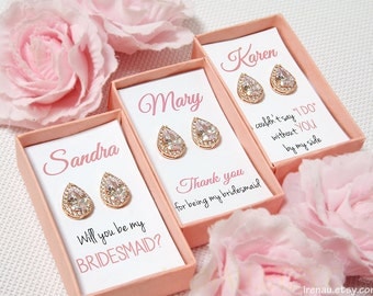 Rose gold bridesmaid earrings, personalized bridesmaid gift set of 3 4 5 6 7 8 9 set of 10 11 12 teardrop stud CZ Wedding earrings tear drop