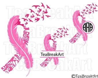 Breast Cancer Awareness zentangle feather bird flying frames Cutting Files SVG PNG EPS dxf ClipArt iron on heat transfer shirt decal 659C