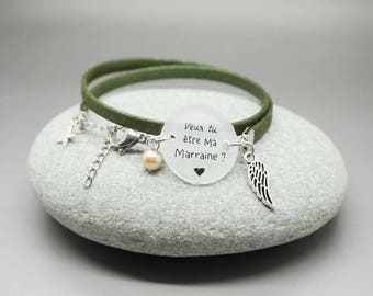bracelet similicuir métallisé kaki cabochon "Veux tu être ma Marraine?" ange - bracelet personnalisable - godmother gift