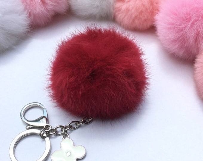 Silver Summer Series Burgundy Rabbit fur pompom keychain ball with flower bag charm