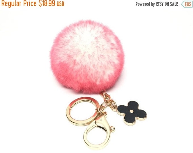 NEW Pom-Perfect white pink frosted REX Rabbit fur pom pom ball with black flower keychain