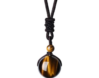 Natural Round Brown Tiger Eye Bead Reiki Healing Pendant Adjustable Necklace 18mm