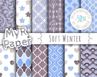Winter Digital Paper: "Soft Winter" Digital Paper Pack & Backgrounds with Damask, Stars, Hearts in Light Blue, Plum, Lilac and Fresh White