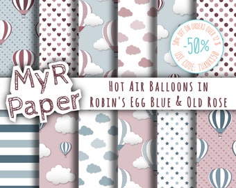 Hot Air Balloons Digital Paper: "Robin's Egg Blue & Old Rose" for scrapbooking, invite, card – perfect for vintage project and baby shower