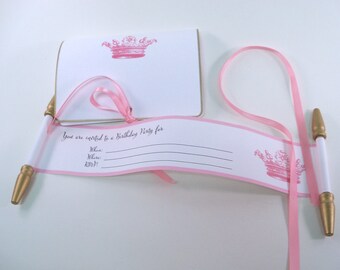 Princess birthday invitation, fill in the details, royal princess birthday, mini invitation scrolls with folders, pink and gold, blank, 10