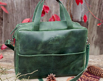 Leather laptop bag, bag with zipper, laptop bag women, laptop bag men, green leather bag, crossbody laptop bag