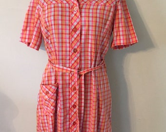 1950s Vintage Shirtdress/Red,Orange,Light Blue/Mid Century Print Cotton