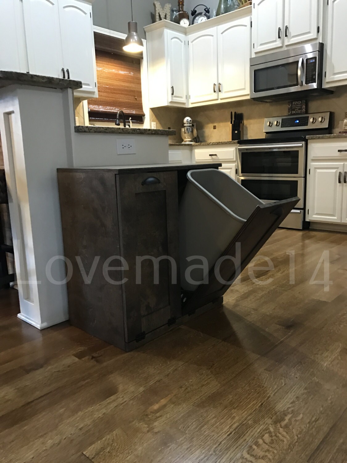 tilt out trash bin double dark walnut stain recycle