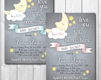 Love you to the Moon and Back Baby Shower Invitation printable/digital, twinkle, stars, boy, girl, chalkboard/wording can be changed