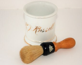 White Shaving Mug with Gold Lettering and Boar Bristle Brush