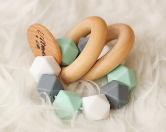 Wooden Teethers Infant Rattles Tula Teether Wooden Rattle Silicone Teether Silicone Rattle Double Ring Teether Silicone Bead Teether Mint Te