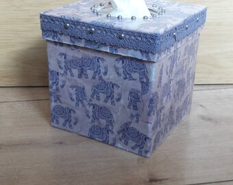 Tissue Box Cover, Decoupaged Elephant Tissue Box Cover, Kleenex Box Cover Decoupaged in Blue Elephant Paper
