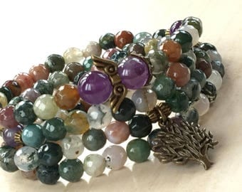 Mala 108 Beads Zen,Tibetan Zen Mala 108,Indian Agate Prayers,Mala Tree of Life,108 Arbol de la Vida,Yoga Amethyst Mala,Bohemian Jewelry 108
