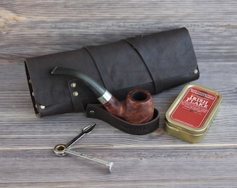 Genuine Leather Pipe Pouch. Tobacco Pouch Case Holder. Pipe Roll. Pipe Bag. Pipe Stand. Pipe holder. Dark Brown.