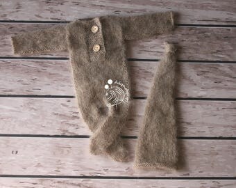 Newborn outfit,Newborn photography props, Newborn photo porps,Newborn onesie,Newborn hat,newborn romer,Elf hat,Dark beige,Mohair,Newborn set