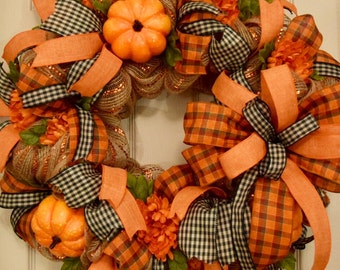Orange Metallic Jute and Burlap Mesh Wreath with Pumpkins; Large Fall Mesh Wreath; Fall Decor Autumn Decor Wreath Pumpkins; Handmade Wreath
