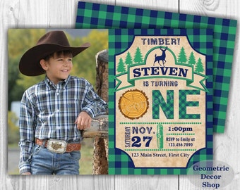 Lumberjack first Birthday invitations Photo Invite Wilderness Blue Green Plaid Lumber Jack Invitation Rustic Photograph foto one 1st BDLJ38