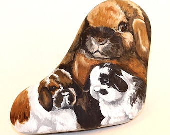 Rabbit painting, painted rocks, Easter gift idea, rabbits painted on rock, holland lop rabbits, garden decor, rabbit collectible, rabbit art