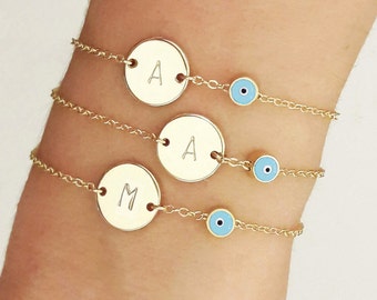 Customized Evil Eye Bracelet, Initial Disk Bracelet with Evil Eye, Gold Personalized Bracelet, Talisman Bracelet, Personalize / B440