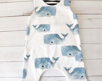 Organic Baby Harem Romper - Watercolor Whales; Summer Romper, Baby Boy, Unisex, Ocean Romper, Organic Baby Clothes, Going Home Outfit