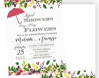 April Bridal Shower invitation, umbrella bridal shower invitation, April showers bring May flower Invitation, bridal shower, Back included