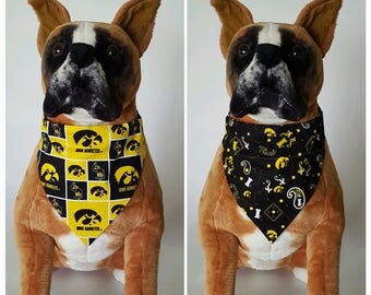 Reversible Bandana, Made With University of Iowa Fabric, Hawkeyes, Herky the Hawk, Scarf, Dog, Cat, Pet, Slip On Over The Collar, 2 in one