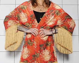 Luxurious Velvet Kimono-Red Kimono with Gold fringes-One size Kimono-Chrysanthemum Pattern Kimono-High Quality-Made in Greece-HeartbeatInk