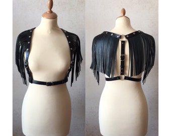 Leather harness fringe wings (2 in 1) leder purse woman black belt straps outfit man skirt kylie jenner club rock wear body harness crop top