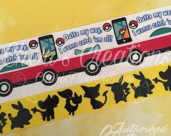 7/8" Pokemon Inspired - Gotta Catch 'Em All - PokeMonsters - Black Foil Print - U.S. DESIGNER - High Quality Grosgrain Ribbon - By The Yard
